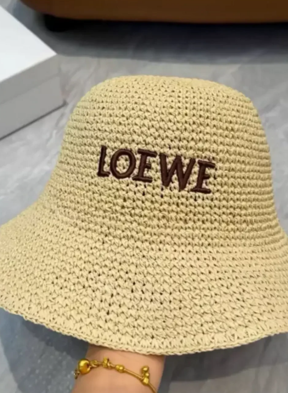 LOEWE Embroidered Logo Straw Bucket Sun Hat Summer Beach Wide Brim Hat